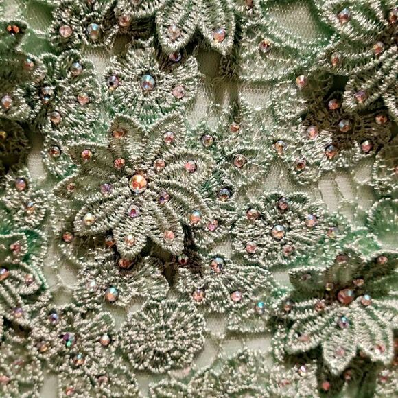 Formal Lt Green Rhinestones Floral Lace Sweetheart Bodice Long Gown Maxi Dress - Picture 13 of 15